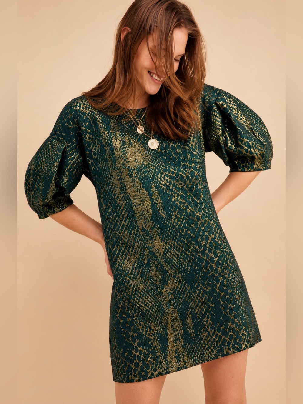 Eve Gravel Train to Paris Snake Print Jacquard Dress Balloon Sleeve Metallic